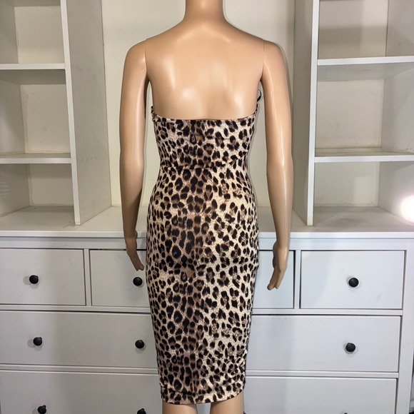SYMPHONY Leopard Print Strapless Bodycon Sheath Dress Black Trim Mesh Side - Picture 2 of 6